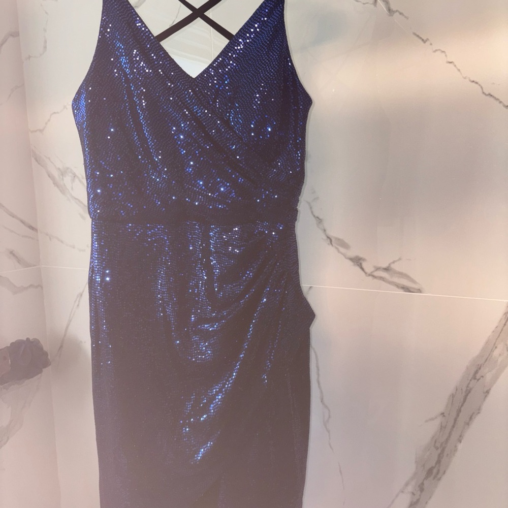 Morgan & Co. Shimmering Navy Backless Dress